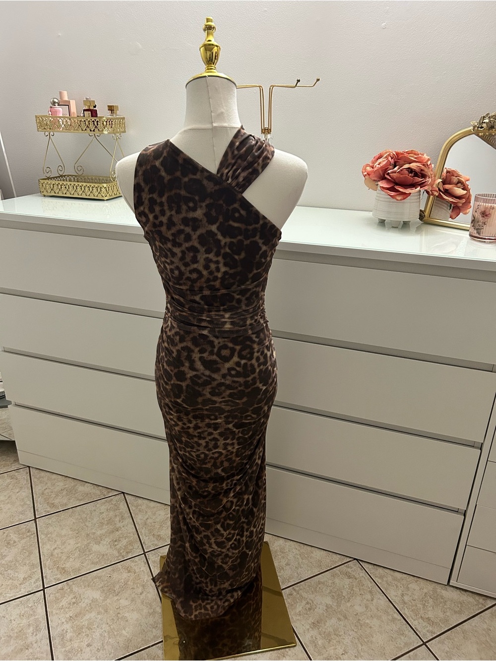 Zara One-Shoulder Leopard Print Maxi Dress - Brown and Black - Picture 2 of 5